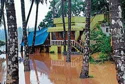 Several houses like the one in photograph at Jeppinamogaru were inundated in rainwater on Friday morning after heavy rains lashed the region on Thursday night.  dh photo