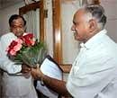 Karnataka Chief Minister B S Yeddyurappa calls on Union Home Minister P Chidambaram in New Delhi on Saturday. PTI