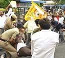 Police stop Telugu Desham Party corporators who were trying to enter the AP Secretariat to protest against the arrest of their party chief N Chandra Babu Naidu in Hyderabad on Saturday. PTI