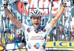 Jubilant:French rider Christophe Riblon is ecstatic after winning the 14th stage of the Tour de France on Sunday. REUTERS