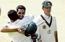 Weve Done It :Pakistans Umar Gul celebrates after scoring the winning run as Australian skipper Ricky Ponting wears a dejected look at the end of the second Test in Leeds. AP