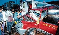 The mangled remains of Tata Sumo vehicle.