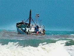 The stranded Iranian vessel near Mangalore shore on Tuesday. DH Photo
