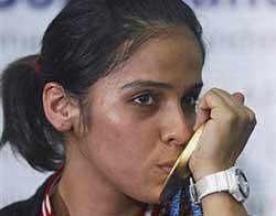 A file picture of Ace badminton player Saina Nehwal during a press conference in Hyderabad recently. Saina was on Friday selected for the prestigious Rajiv Gandhi Khel Ratna award. PTI
