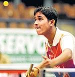 ALL CONCENTRATION: Bengals Rajiv Sarkar serves during his win over Abishek Yadav in the junior  boys final  at the National-ranking table tennis meet on Saturday. DH PHOTO