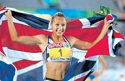 Britains Jessica Ennis is jubilant after winning the heptathlon gold on the penultimate day of the European Athletics Championships in Barcelona on Saturday. Reuters