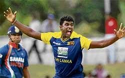 High Five: Sri Lankan paceman Thisara Perera celebrates after dismissing Suresh Raina during a tri-series match in Dambulla on Sunday. AP