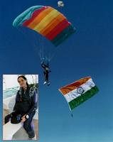 A file picture of Thirty-eight-year-old BASE jumper Archana Sardana from Chandigarh during a free fall from the Perris Valley in California, USA, recently. Sardana says she wants to dive off the world's highest mountain to raise awareness about social evils like female foeticide. PTI