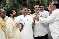 Happy Hours: State BJP office-bearers in an animated mood at a resort near Devanahalli in Bangalore on Sunday. DH Photo