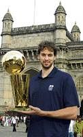 LA Lakers Pau Gasol with the NBA trophy in Mumbai on Wednesday.