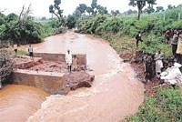 Cut-Off: The bridge connecting Mallenahalli and Kamenahalli in Chikmagalur collapsed due to heavy rains on Thursday. DH Photo