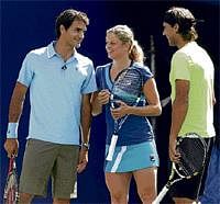 Youre my favourite: Roger Federer, Kim Clijsters and Rafael Nadal share a joke during an exhibition event in New York ahead of the US Open. Reuters