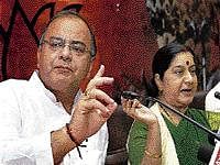 BJP leaders Arun Jaitley and Sushma Swaraj address a press conference on the party's performance during the monsoon session of Parliament in New Delhi on Wednesday. PTI