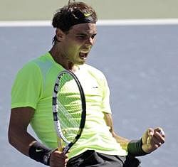 Rafael Nadal, of Spain, reacts after defeating Mikhail Youzhny, of Russia, in three sets during a men's semifinal match at the U.S. Open tennis tournament in New York, Saturday, Sept. 11, 2010. AP