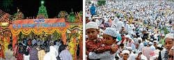 (Left) Devotees thronging 101 Ganapathi Temple at Agrahara in Mysore on Saturday. (Right) Tiny tots greeting each other as others look on after offering Ramzan prayer in Mysore. DH Photos