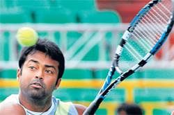 Intense: Leander Paes during a practice session in Chennai on Tuesday. DH photo