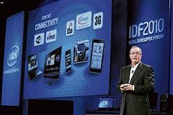 Tech Leap: Intel CEO Paul Otellini delivers a keynote address during the IDF 2010 Intel Developer Forum at the Moscone Centre in San Francisco, California. AFP