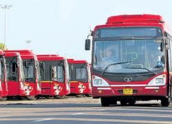 Big Red Machine: The brand new buses that will be used to ferry athletes and officials during the Commomwealth Games was launched in New Delhi by the Chief Minister Sheila Dixit on Friday. AFP