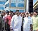 For Better Traffic Management: (From left) BMTC Managing Director Syed Zameer Pasha, MLA D Hemachandra Sagar, Minister R Ashok, Chief Minister B S Yeddyurappa and MLA Vishwanath at the inauguration of Traffic Terminal Management Centre at Shanthinagar in the City on Thursday. DH Photo