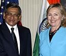 U.S. Secretary of State Hillary Clinton, right, meets with S. M. Krishna, left, foreign minister of India in New York on Monday. AP