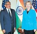 US Secretary of State Hillary Rodham Clinton (R) with  External Affairs Minister S  M Krishna on the sidelines of the United Nations General Assembly in New York on Monday.AFP
