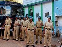 Precaution: Police security at a mosque in Hubli on Wednesday. DH Photo