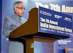 Finance Minister Pranab Mukherjee addressing the India Investment Forum, in New York. PTI