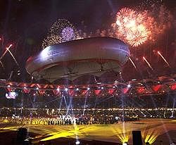 Pyrotechnics go off during the closing ceremony for the 19th Commonwealth Games in New Delhi on Thursday . AP