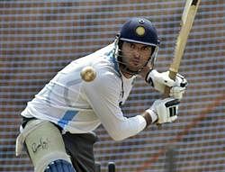 India's Yuvraj Singh bats in the nets during a training session ahead of their second one day international cricket match against Australia in Vishakapatanam. AP