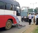 A recent accident between a cycle and a KSRTC bus which claimed the life of a student. DH Photo