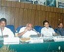 ZP President V M Vijaya, CEO A B Ibrahim, Additional DC K M Chandregowda and MP H Vishwanath at the District Vigilance Committee meet in Madikeri on Wednesday.