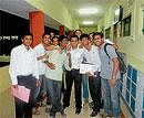 Jubilant engineering candidates after attending interview session, in Mysore. DH Photo
