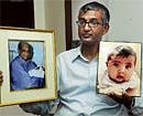 Vijay Kumar, prof of economics at Oxford and son of Dr T C Anand Kumar, with pictures of his father and baby Harsha, the first documented IVF baby.