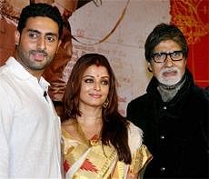 Amitabh Bachchan, Abhishek Bachchan and Aishwarya Rai Bachchan during the music launch of film 'Khelein Hum Jee Jaan Sey' in Mumbai on Wednesday night. PTI