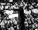 Declining power:  US President Barack Obama waves at supporters during a Moving America Forward rally in Chicago, Illinois, on October 30, ahead of the midterm elections. AFP