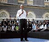 Pep Talk: US President Barack Obama speaks during a town hall meeting with students of five colleges,  including St Xaviers College, in Mumbai on Sunday. AFP