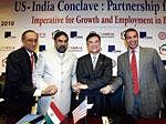 Commerce & Industries Minister Anand Sharma and US Commerce Secretary Gary Locke flanked by Ficci President Rajan Bharti Mittal (right) and Secretary General Amit Mitra at the US-India Conclave in New Delhi on Tuesday. AP