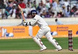 Indias Virender Sehwag drives the ball en route to his blistering 96 runs against New Zealand during the second Test in Hyderabad on Saturday. AFP