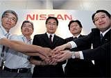 L-R) Akira Sakurai, MD&CEO Renault Nissan Automotive India Ltd.,(RNAIPL), Yamazaki Masanobu, VP-Total Customer Satisfaction, Nissan Motor India(P)Ltd.,(NMIPL), Kiminobu Tokuyama, MD&CEO, Nissan Motor India (P) Ltd., (NMIPL), Hiroshi Yukinari, GM-Field Quality MGMT Group-TCSX, Nissan Motor Co, Japan and Kenichi Okumura, VP-After Sales Nissan Motor India (P) Ltd, pose for a group photograph during a press conference after the inauguration of 'Field Quality Centre' (FQC) and Training Centre at the Renault Nissan Alliance Plant in Kanchipuram district near Chennai on Friday. PTI Photo