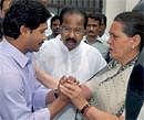 File Photo of UPA Chairperson Sonia Gandhi, Congress MP Jaganmohan Reddy and Union Law Minister M Veerappa Moily in Hyderabad