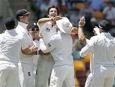 England's Steven Finn celebrates with his team after getting the wicket of Simon Katich, out for 50, during the 2nd day of the first test in the Ashes cricket Series between Australia and England at the Gabba in Brisbane, Australia. AP Photo
