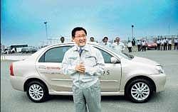 Toyota Motor Corporation President Akio Toyoda after a test ride of Etios at Toyota  factory Bidadi on Wednesday. DH Photo