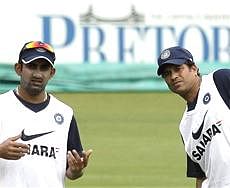 India's Sachin Tendulkar, right, with Gautam Gambhir, left, during their training at the SuperSport Park in Centurion, South Africa. AP photo