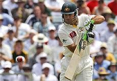 Australia's captain Ricky Ponting plays a shot on the first day of play during the third Ashes cricket test in Perth, Australia, Thursday, Dec. 16, 2010. AP