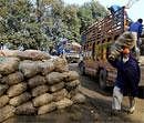 Workers unload sacks of onions from trucks that arrived from Pakistan at the Indo-Pak joint check post at Wagah, near Amritsar on Wednesday. AP