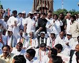 Hyderabad: Congress legislators from Telangana region shout slogans during their indefinite hunger strike demanding separate Telangana state in Hyderabad on Monday. PTI Photo