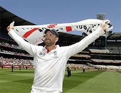 England's Matt Prior celebrates after his team winning the fourth Ashes cricket test against Australia at the MCG in Melbourne, Australia. England won by an innings an 157 runs and retain the Ashes. AP Photo