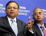 TCS CEO and MD N Chandrasekaran (L) and Chief Financial Officer S Mahalingam during a press conference to announce the company's financial results for the quarter ended December, 2010, in Mumbai on Monday. PTI Photo
