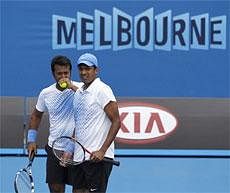 Leander Paes and Mahesh Bhupathi  during their third round match at the Australian Open tennis championships in Melbourne, Australia on Monday. AP