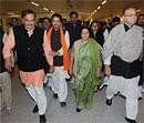 BJP leaders Sushma Swaraj, Arun Jaitley, Ananth Kumar and party's youth wing president Anurag Thakur on their arrival at the airport in New Delhi on Wednesday after participating in Rashtriya Ekta Yatra. PTI